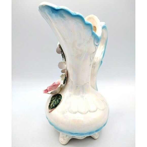 Lusterware Pitcher Vase with Flower Accents and Handle 8 Inches Vintage - Picture 6 of 14